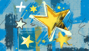 An illustration of yellow starts of different sizes on a blue background with different textures and scribbles.