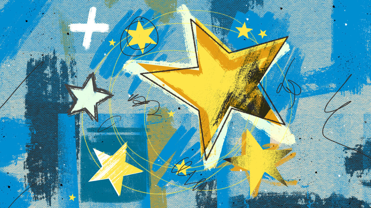 An illustration of yellow starts of different sizes on a blue background with different textures and scribbles.