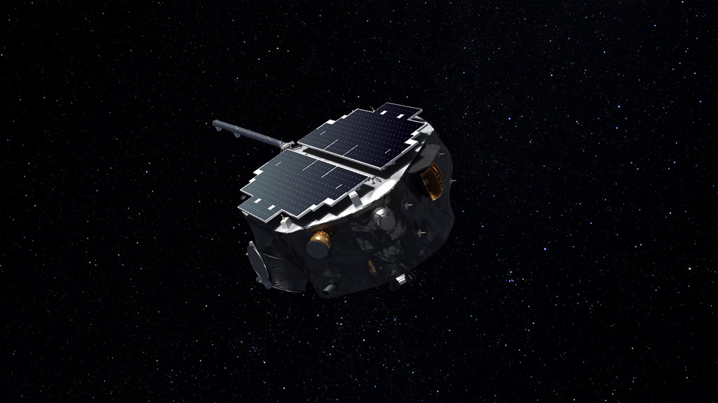 A disk-shaped spacecraft hovers in space in front of a background of stars.