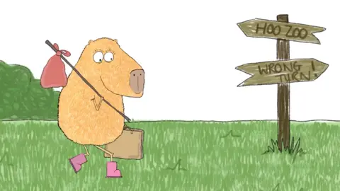Hoo Zoo A scene from an animated cartoon. An orange capybara is walking on green grass, wearing pink boots, carrying a brown briefcase and a red bindle over her shoulder. Ahead of her is a brown direction sigh that says "hoo zoo" on the arrow pointing left, and "wrong turn" on the arrow pointing right