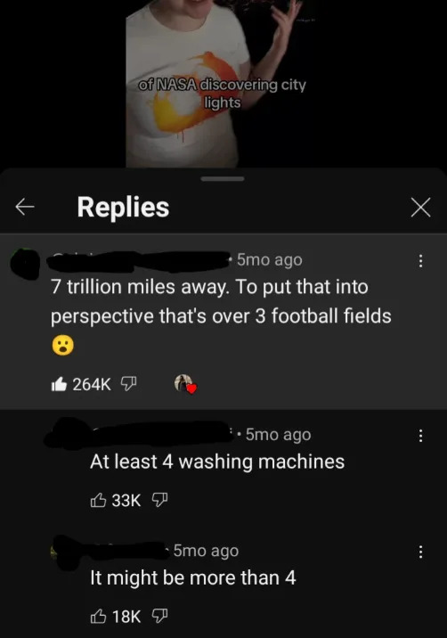 Screenshot of social media comments humorously estimating long distances using everyday items like football fields and washing machines