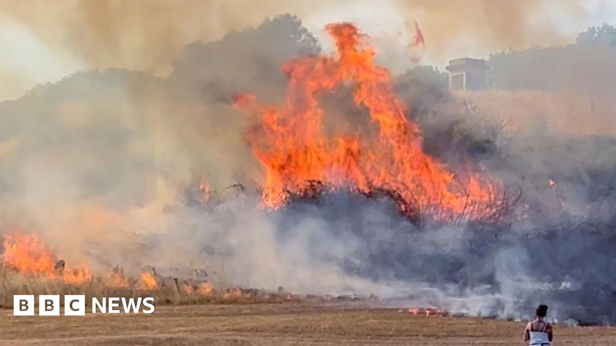 A large grassy hill on the Stoke Park Estate in Bristol. The grass is brown and dry, but the trees behind are green and lush. There is a fire engine parked on the right, and big plumes of smoke rising above. Orange flames are visible through the smoke on the left. Bystanders watch as firefighters tackle the blaze.