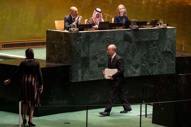 Palestinian Prime Minister Mohammad Mustafa speaks at a high-level conference on the implementation of the two-state solution, at the United Nations headquarters in New York, on July 28, 2025.
