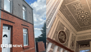 A composite image shows the exterior and interior of a home. On the left is a photo of the red-brick, two-storey end of terrace house, it has a white PVC door and is pebble-dashed on the second floor. There are blue skies with some cloud in the background of the image. On the right, the upstairs landing's ceiling is painted grey with intricate white neoclassical plasterwork patterns. A white bannister with a brown rail can be seen in the foreground of the image.