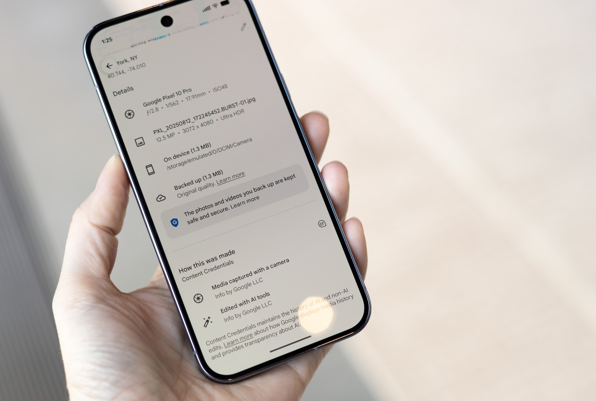 Google Pixel 10 Pro showing image metadata