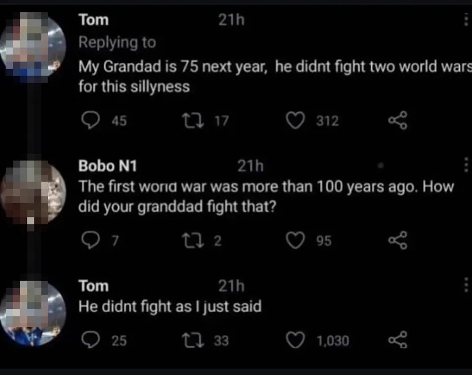 Social media exchange: Tom claims his grandad fought two world wars; Bobo N1 points out the time discrepancy. Tom replies his grandad didn't fight