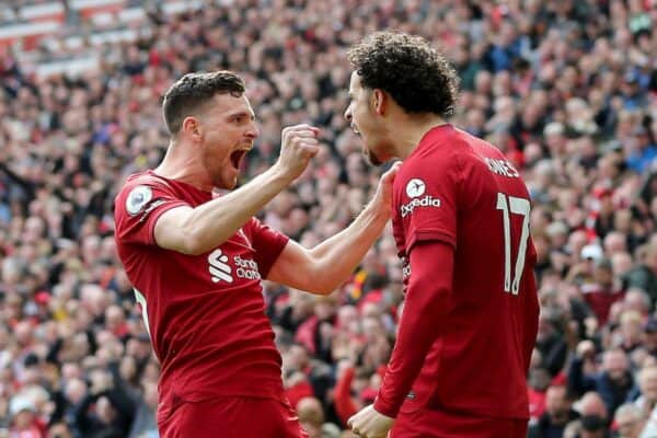 2PWF64E Liverpool, UK. 30th Apr, 2023. Curtis Jones of Liverpool (r) celebrates with his teammate Andrew Robertson after scoring his teams 1st goal. Premier League match, Liverpool v Tottenham Hotspur at Anfield in Liverpool on Sunday 30th April 2023. this image may only be used for Editorial purposes. Editorial use only, license required for commercial use. No use in betting, games or a single club/league/player publications. pic by Chris Stading/Andrew Orchard sports photography/Alamy Live news Credit: Andrew Orchard sports photography/Alamy Live News