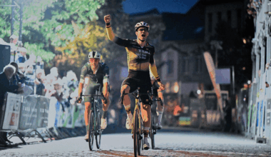 Team Visma-Lease a Bike Belgian rider Wout Van Aert (C) celebrates as he crosses the finish line of the 'Natourcriterium Herentals' cycling race, in Herentals on July 31, 2025. (Photo by Tom Goyvaerts / Belga / AFP) / Belgium OUT (Photo by TOM GOYVAERTS/Belga/AFP via Getty Images)