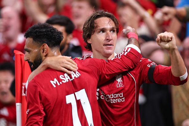 Federico Chiesa of Liverpool celebrates after scoring a goal to make it 3-2 during the Premier League match between Liverpool and Bournemouth