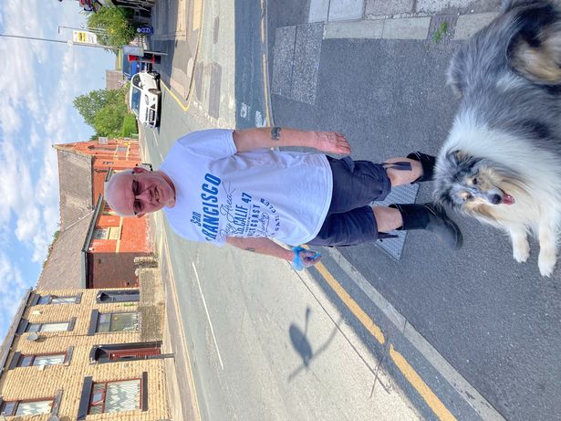 Geoff Sweeney, walking dog Bailey through Newhey