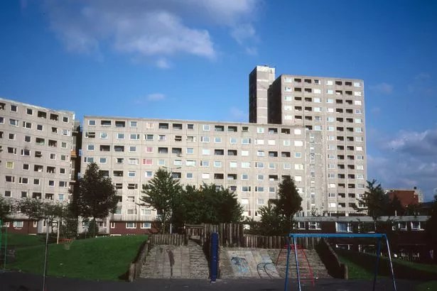 Moss Side District Centre and tower blocks. 1987