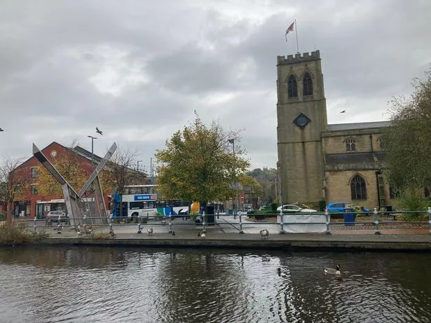 A wet Stalybridge town centre, Tameside
