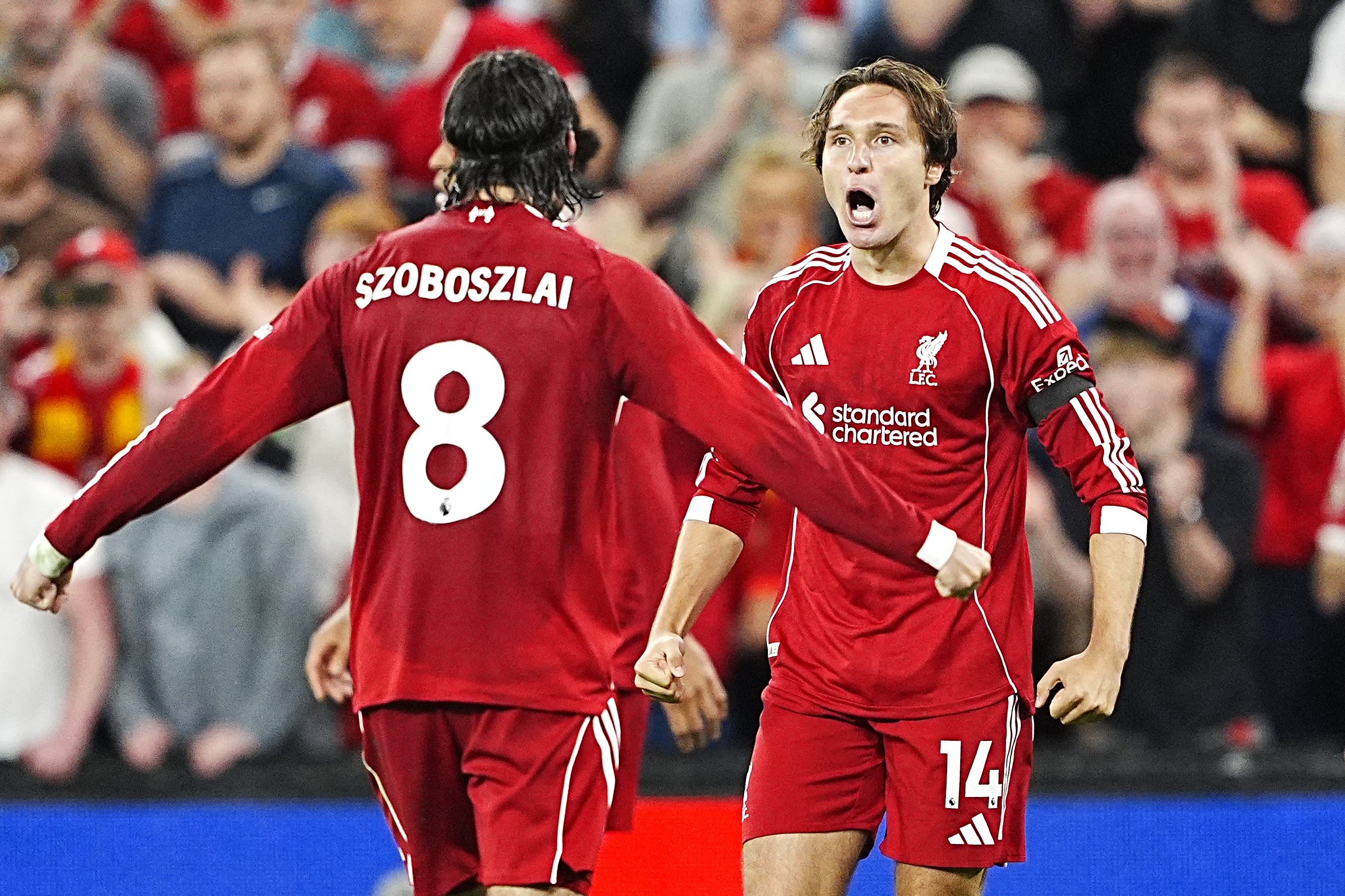 Liverpool’s Federico Chiesa (right) scored his side’s third goal of the game at Anfield (Peter Byrne/PA)