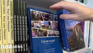 The Cre Ren Oo Jiu? book sits on a bookshelf. It is blue and has pictures on children doing activities, such sa playing sport. There are other books on folklore and glens that sit next to it.