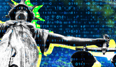 A digitally altered image of the Statue of Justice holding a balance scale. The statue is overlaid with binary code (1s and 0s) in blue, giving it a futuristic and technological appearance. The background features abstract patterns in green, yellow, and blue colors