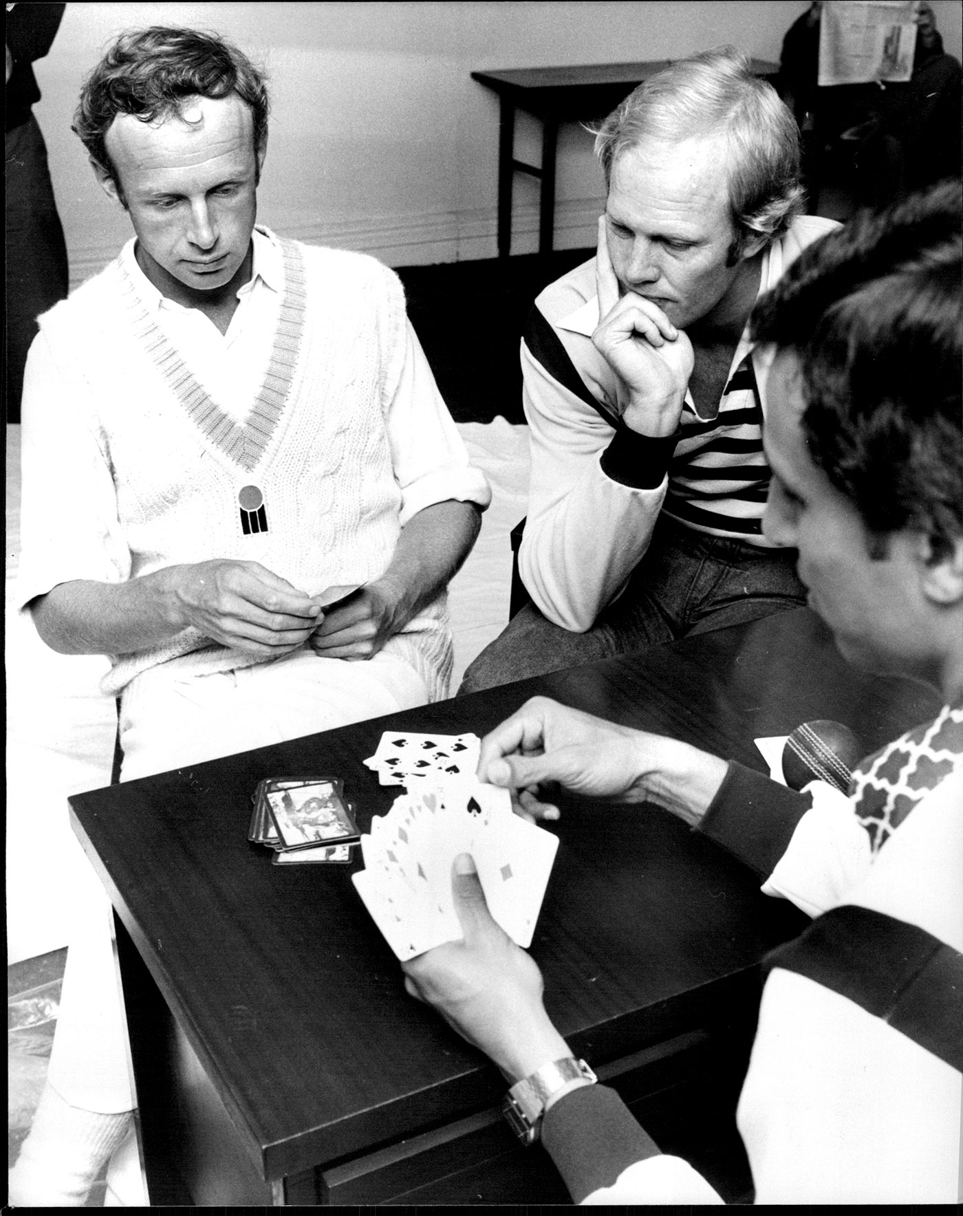 Fellow travellers: Underwood (left) plays cards with Tony Greig and Asif Iqbal in the dressing room during a WSC game in 1978