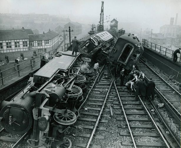 The aftermath of the Irk Valley Junction rail crash of 15 August 1953.