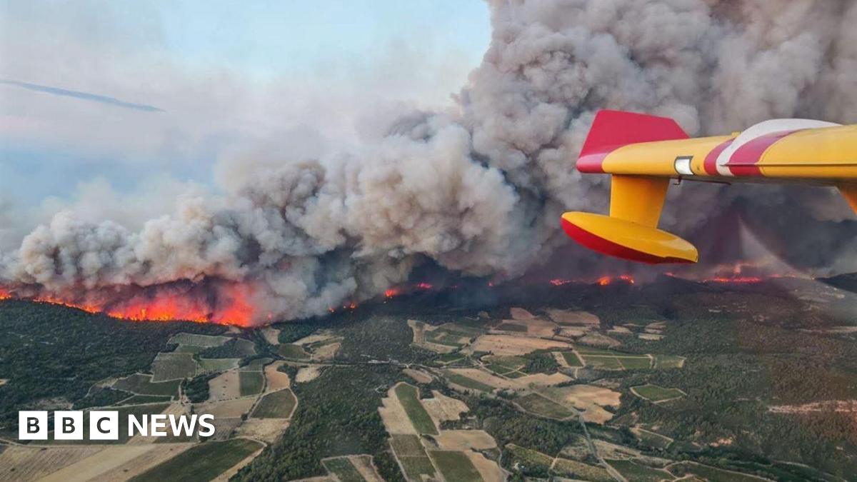 A wall of fire seen from an aircraft burns across the green patchwork of southern France fields.