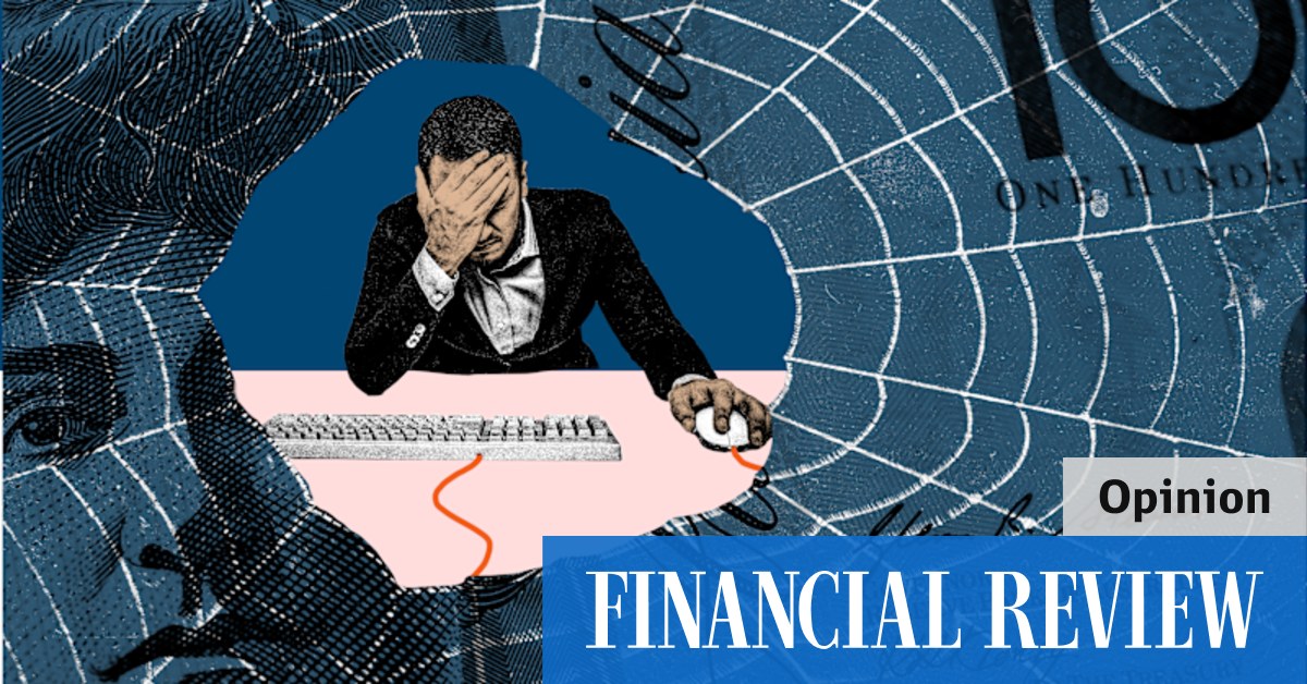 A graphic showing a man, wearing a suit, slumped at his computer with a spider’s web surrounding him, depicting how easy it is to get caught up in superannuation lies and scams online.
