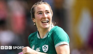 Eve Higgins celebrates after scoring a try against Japan on Sunday