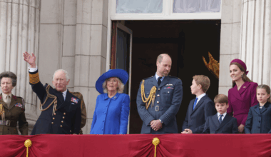 Queen Camilla, Prince William, Princess Kate, Prince George, Prince Louis and Princess Charlotte standing on the balcony of Buckingham Palace