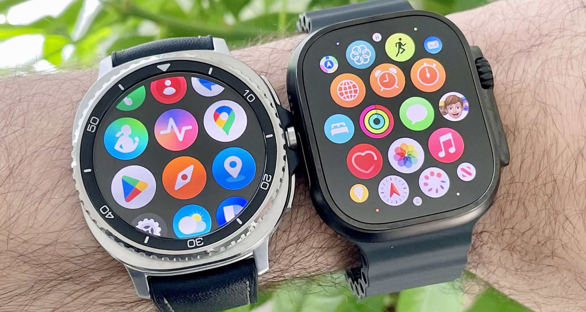 Close-up of a user's wrist wearing both the Samsung Galaxy Watch 8 Classic (left) and Apple Watch Ultra 2 in front of some green foliage