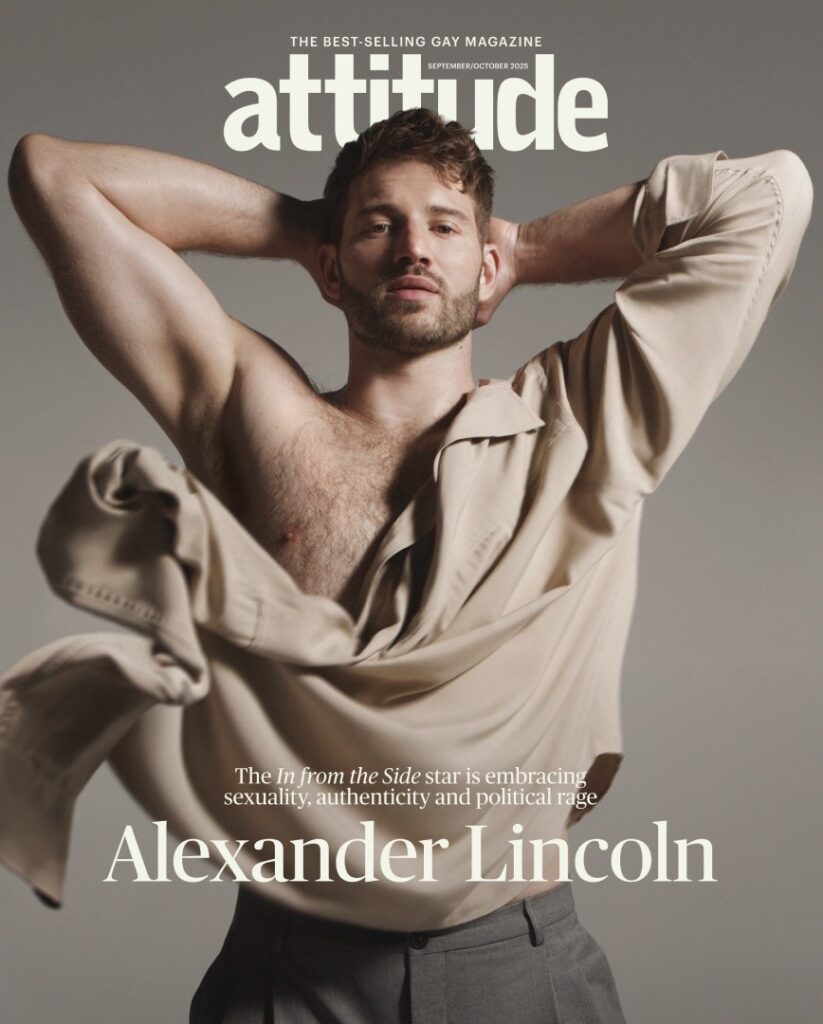 Alexander Lincoln on the cover of attitude in a beige shirt with one arm exposed
