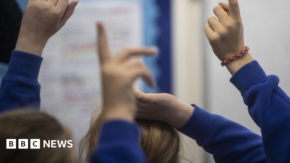 A generic image of unidentified primary school pupils holding their hands up while wearing blue sweatshirts.