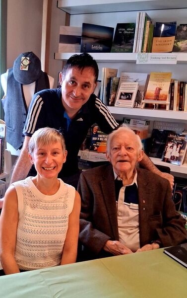Christy Wynne, author of 'Remembering Home' pictured at the launch of his book at the Úna Bhán Tourism/Boyle Craft Shop with his children Deirdre and Martin. Pic: Noreen Gaffney 