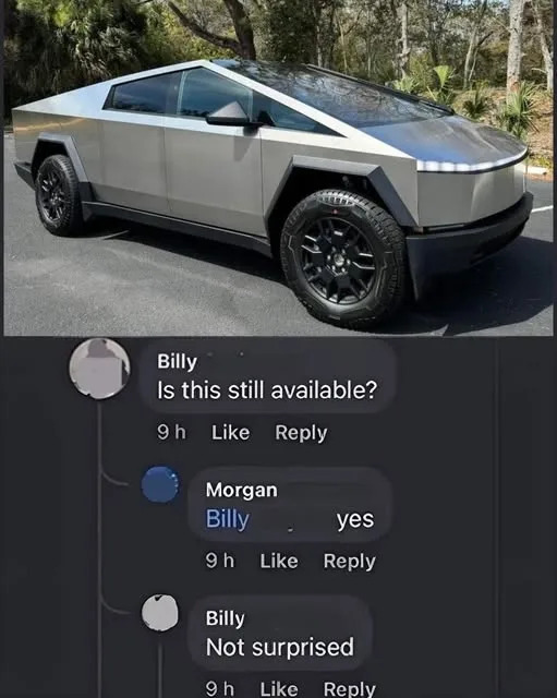 Image showing a futuristic, angular vehicle; underneath, a conversation where Billy asks if it's available, Morgan replies yes, and Billy responds "Not surprised."