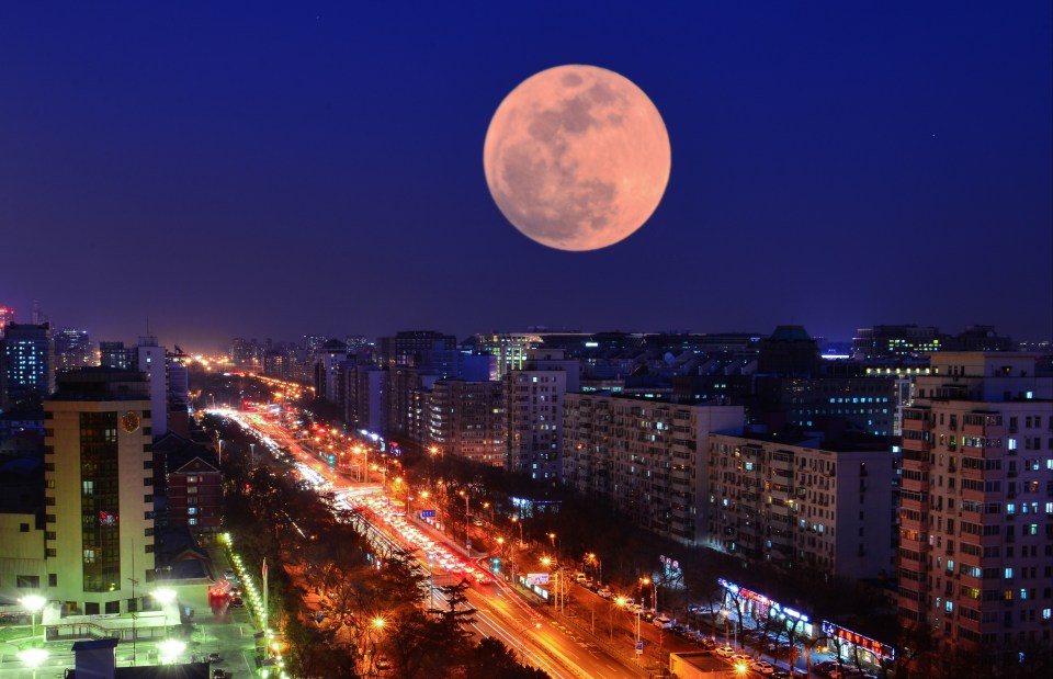 Super Blood Moon over Beijing at night.
