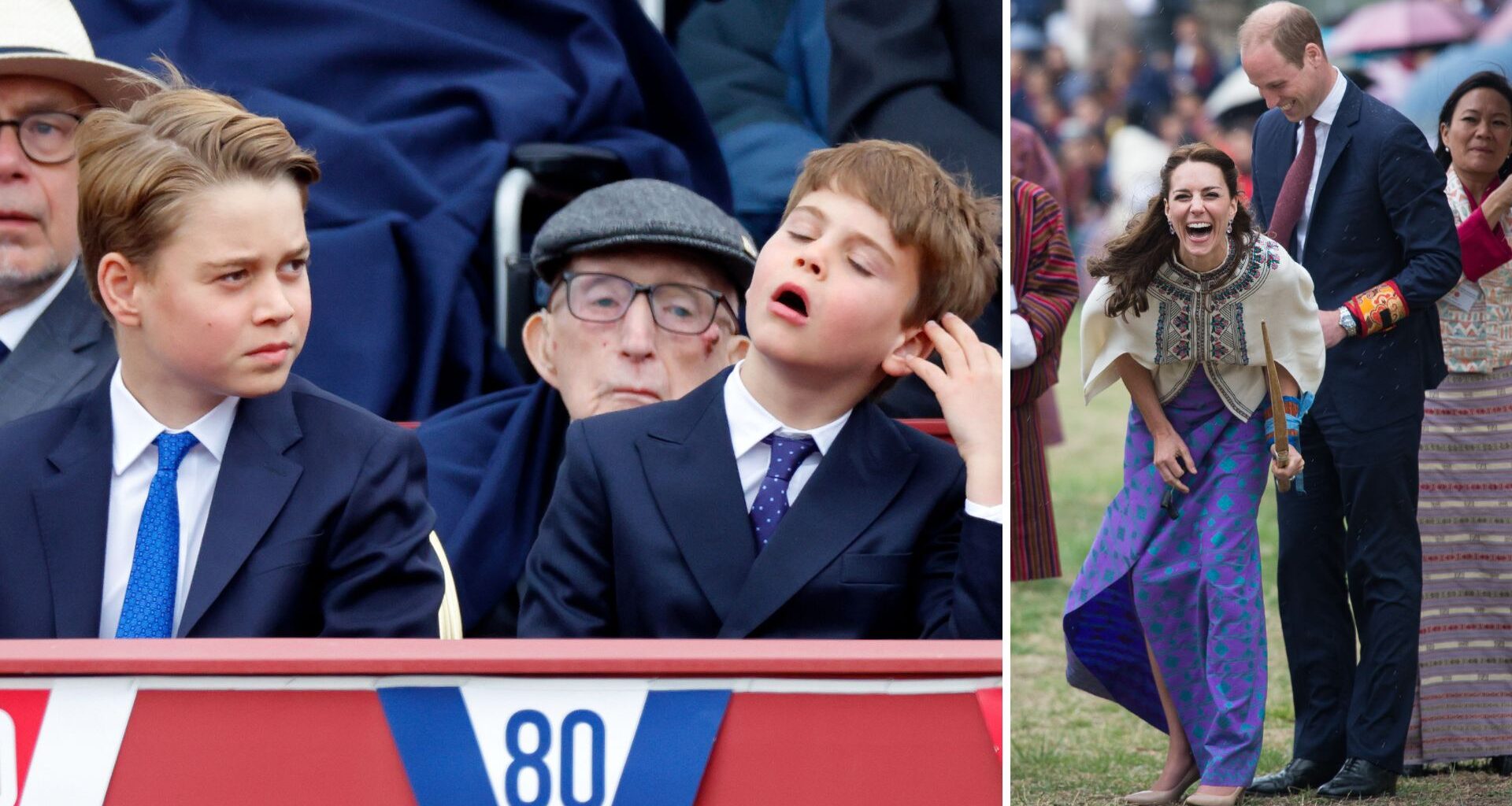L-Prince George and Prince Louis, R-kate Middleton and Prince William