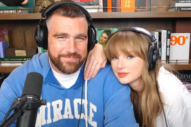 New Heights/YouTube Taylor Swift and Travis Kelce on the 'New Heights' podcast