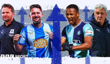 BBC graphic showing Plymouth manager Tom Cleverley, new Huddersfield striker Alfie May, Richard Kone of Wycombe and Blackpool boss Steve Bruce