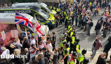 Looking down on the two sets of protestors, a line of police in high-viz vests standing between them, large police vans are also present. They are blocking a road, and protestors on the left hold flags.