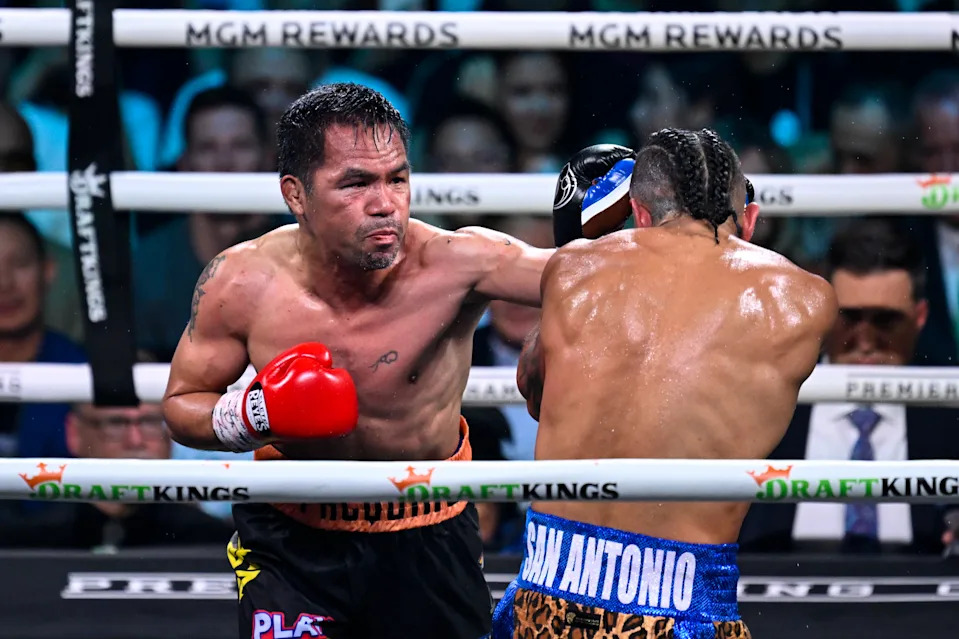 LAS VEGAS, NEVADA - JULY 19: Manny Pacquiao (in black short) and Mario Barrios (in blue short) exchange punches during their WBC welterweight championship world titles of the Premiere Boxing Championship on Saturday night at MGM Grand Garden Arena in Las Vegas, Nevada, United States on July 19, 2025. (Photo by Tayfun Coskun/Anadolu via Getty Images)