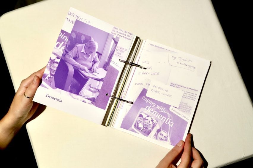 Photo of the 4,4,4&2 book open to a page with a photo of Maggie Watson in her room on one side and scraps of documents about dementia on the other
