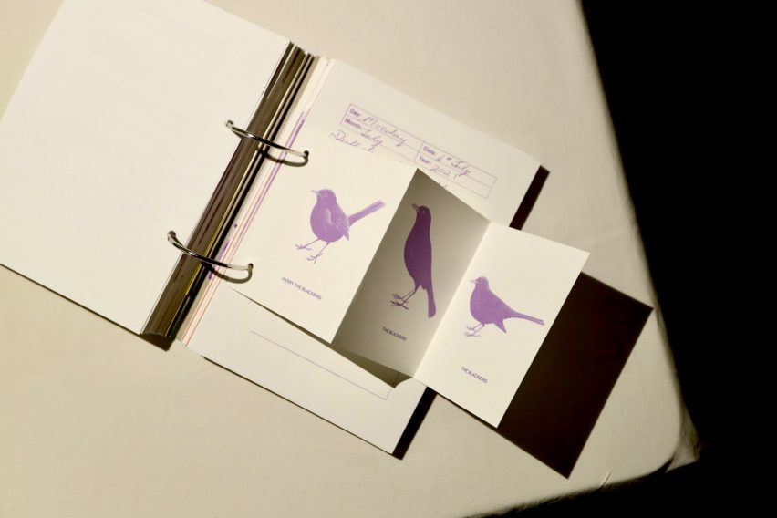 Photo of the 4,4,4&2 book open to a small fold-out page with pictures of a blackbird repeated. Under one it says Harry the Blackbird, on the others simply The Blackbird