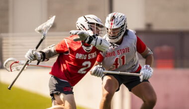 Kyle Foster (right) plays defense against a teammate in practice. Credit: Ohio State Athletics
