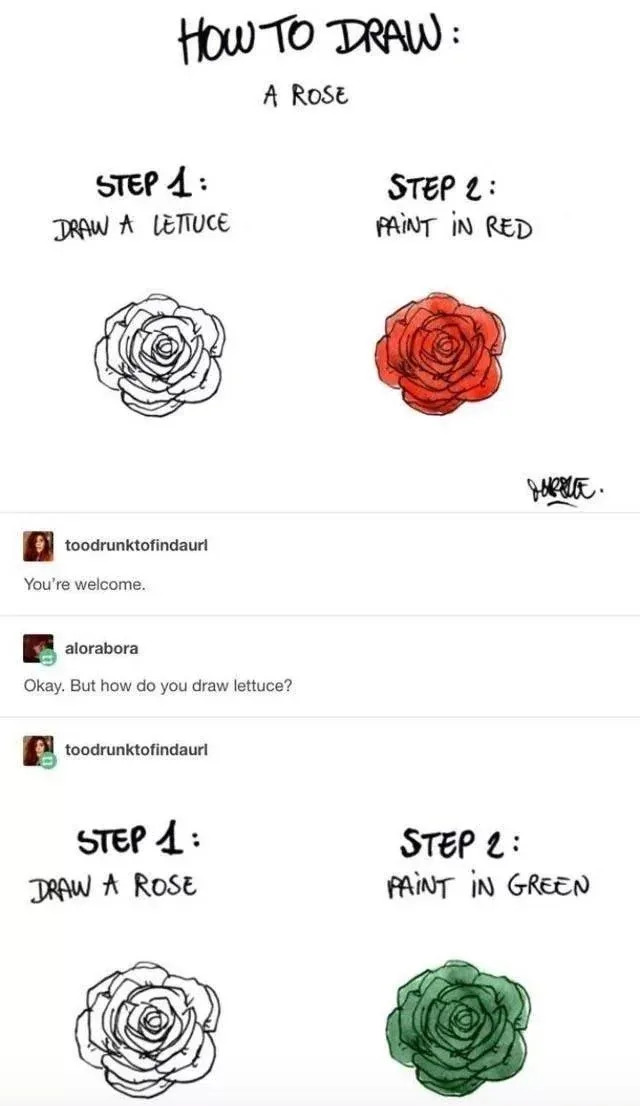 "How to Draw a Rose" meme shows steps for drawing a lettuce and rose, humorously interchanged with comments on drawing techniques