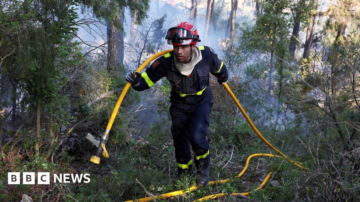 A firefighter holds a yellow hose over his shoulder as he walks through a burning forest area clouded with smoke.