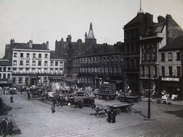 Early 20th century shot of Queen Square when used as a market place, Liverpool