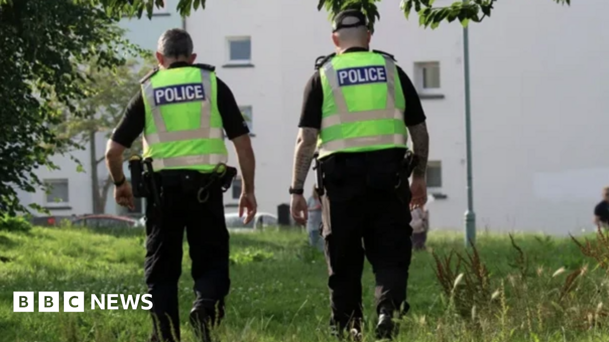 Two police officers wearing hi-viz vests with police written on the back over dark clothing walk on a patch of grass in front of a light coloured block of flats with small windows on a sunny day.