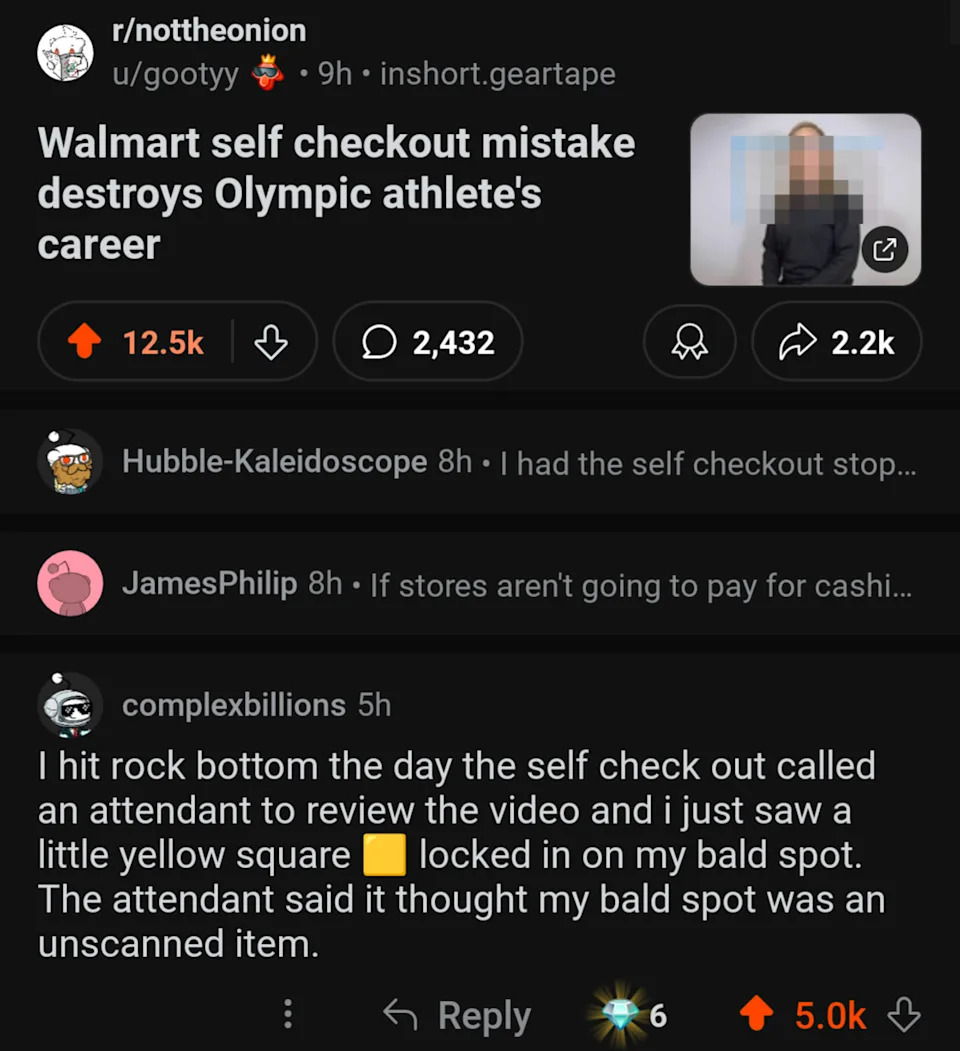 A Reddit post with a meme showing a news headline about a Walmart self-checkout mistake ruining an Olympic athlete's career. The comments discuss related humorous experiences, including one about a bald spot