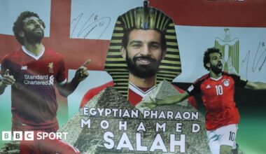 Egypt fans at the 2019 Africa Cup of Nations hold up a banner showing the face of forward Mohamed Salah