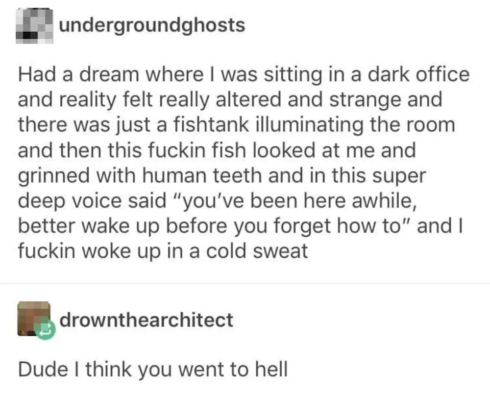 Text exchange about a surreal dream involving a dark office, a fish tank, and a voice, followed by a response saying, "Dude I think you went to hell."