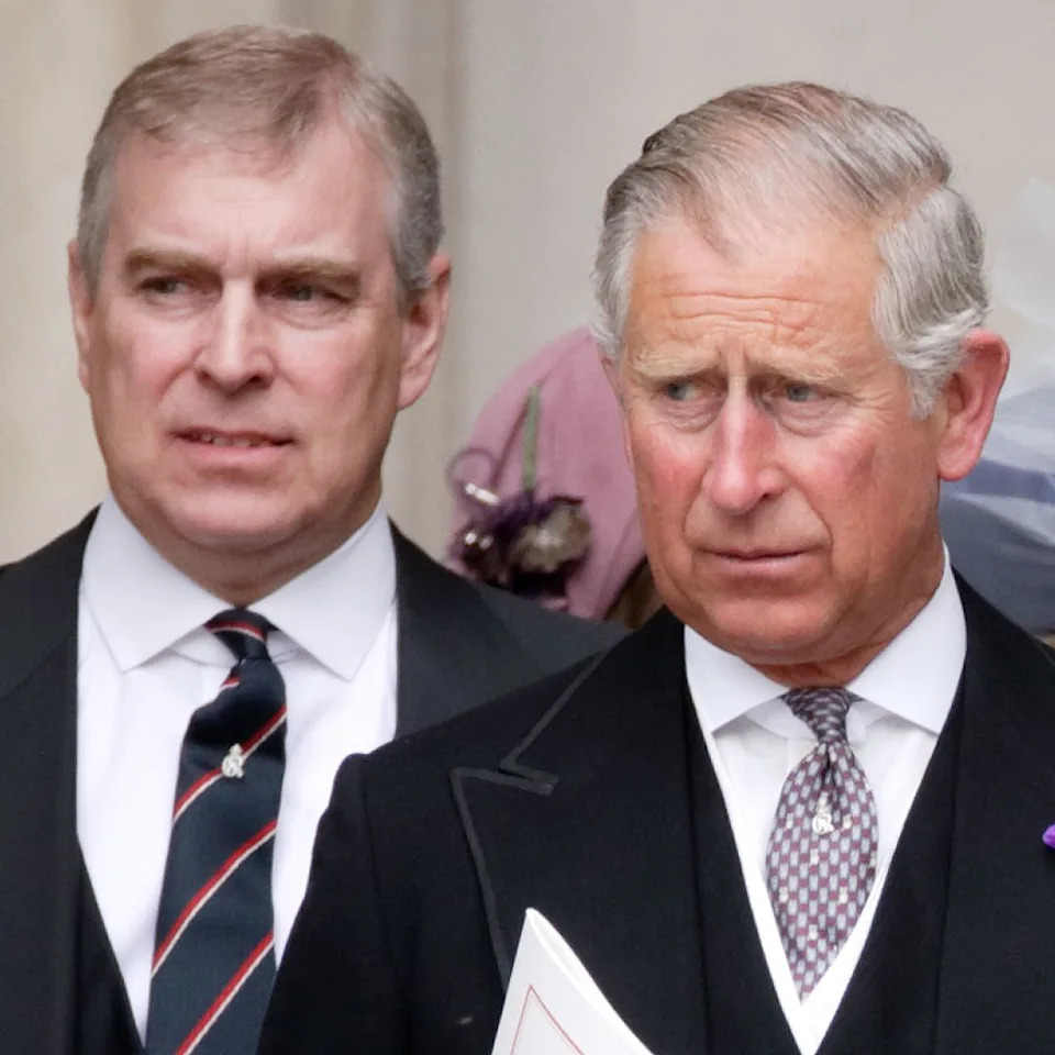  Prince Andrew wears a suit and stands behind King Charles. 