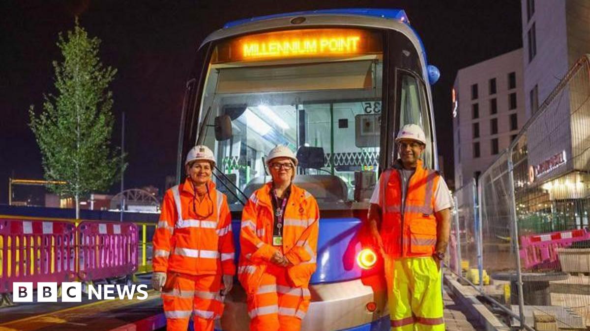 Two men and three women in orange hi-viz suits and white hard hats stand in front of a blue tram saying 'Millennium Point' in orange. It is night-time.
