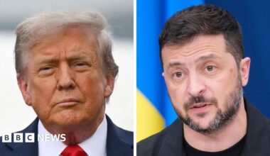 Headshots of Trump and Zelensky - Trump is wearing a blue suit and red tie while Zelensky is wearing a dark jacket and round-necked top