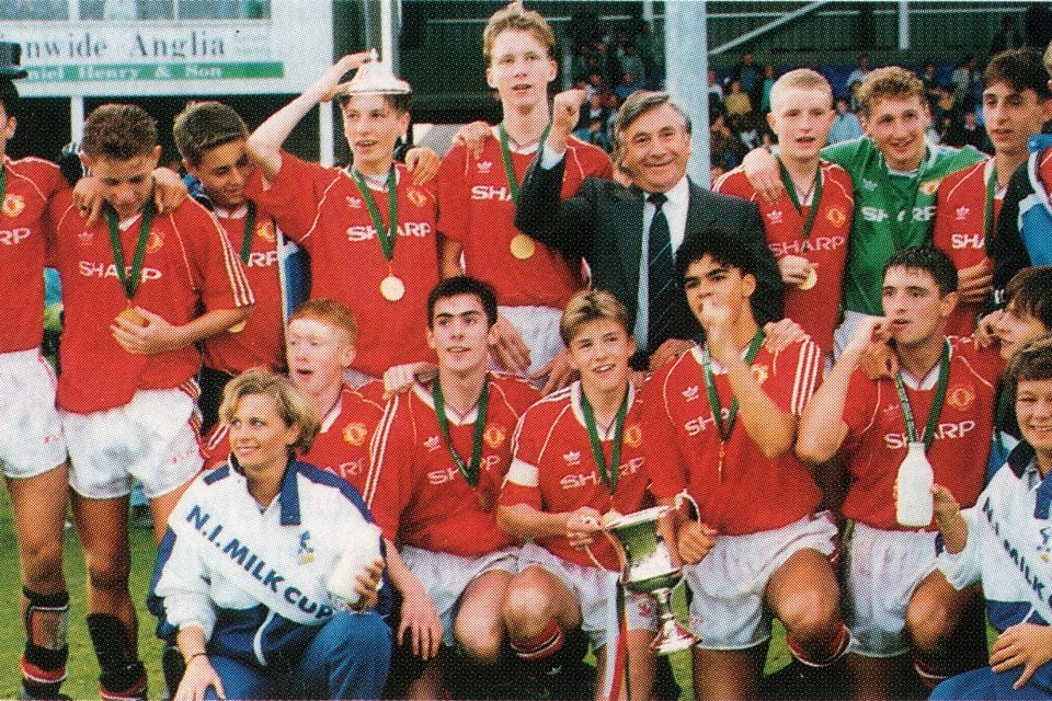 The Manchester United Milk Cup-winning team of 1991, including the likes of David Beckham, the Nevilles, Nicky Butt and Johnny Pollock (in green)